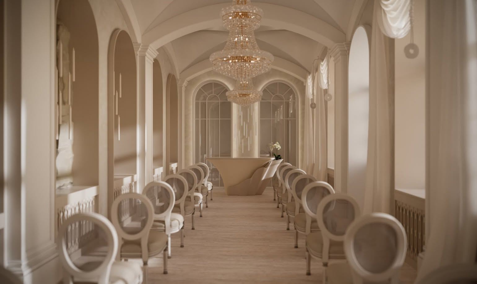 Ceremony aisle lined with chairs and chandeliers